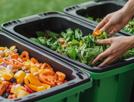 Hands sorting organic waste into green bins on a sunny day. Hands sorting organic waste into green bins on a sunny day.